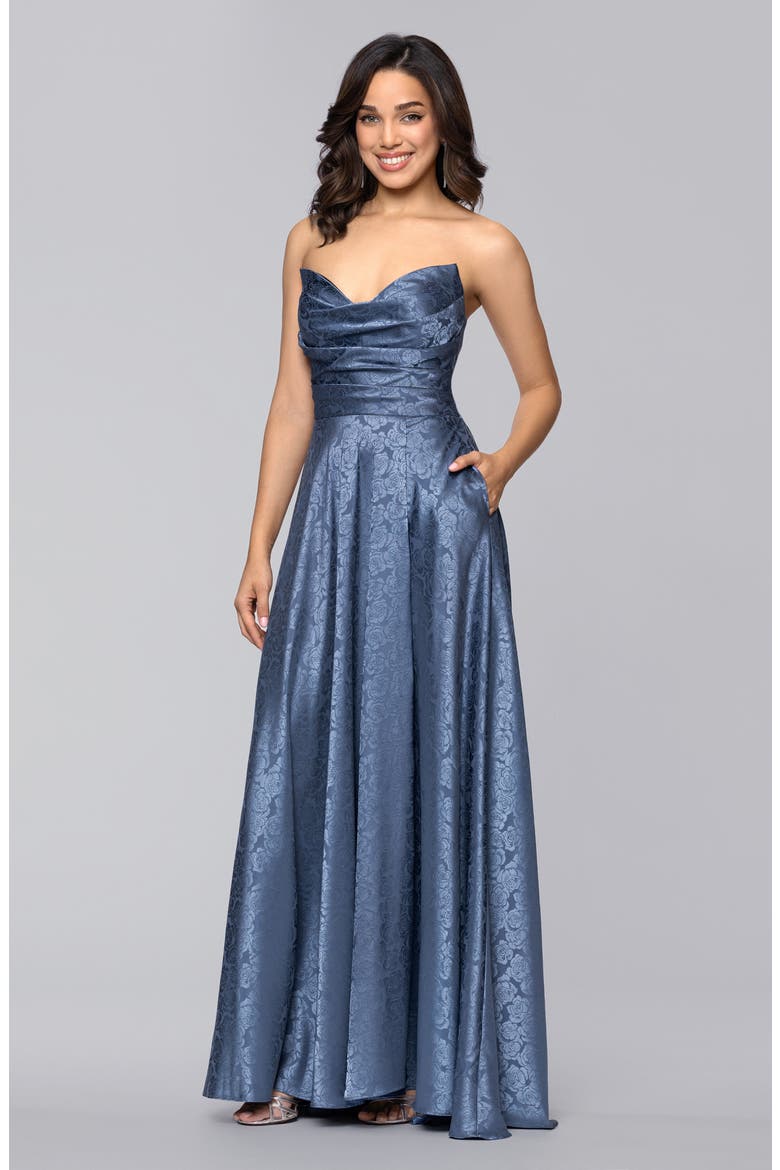 Jaquard Strapless Gown, Alternate, color, SLATE