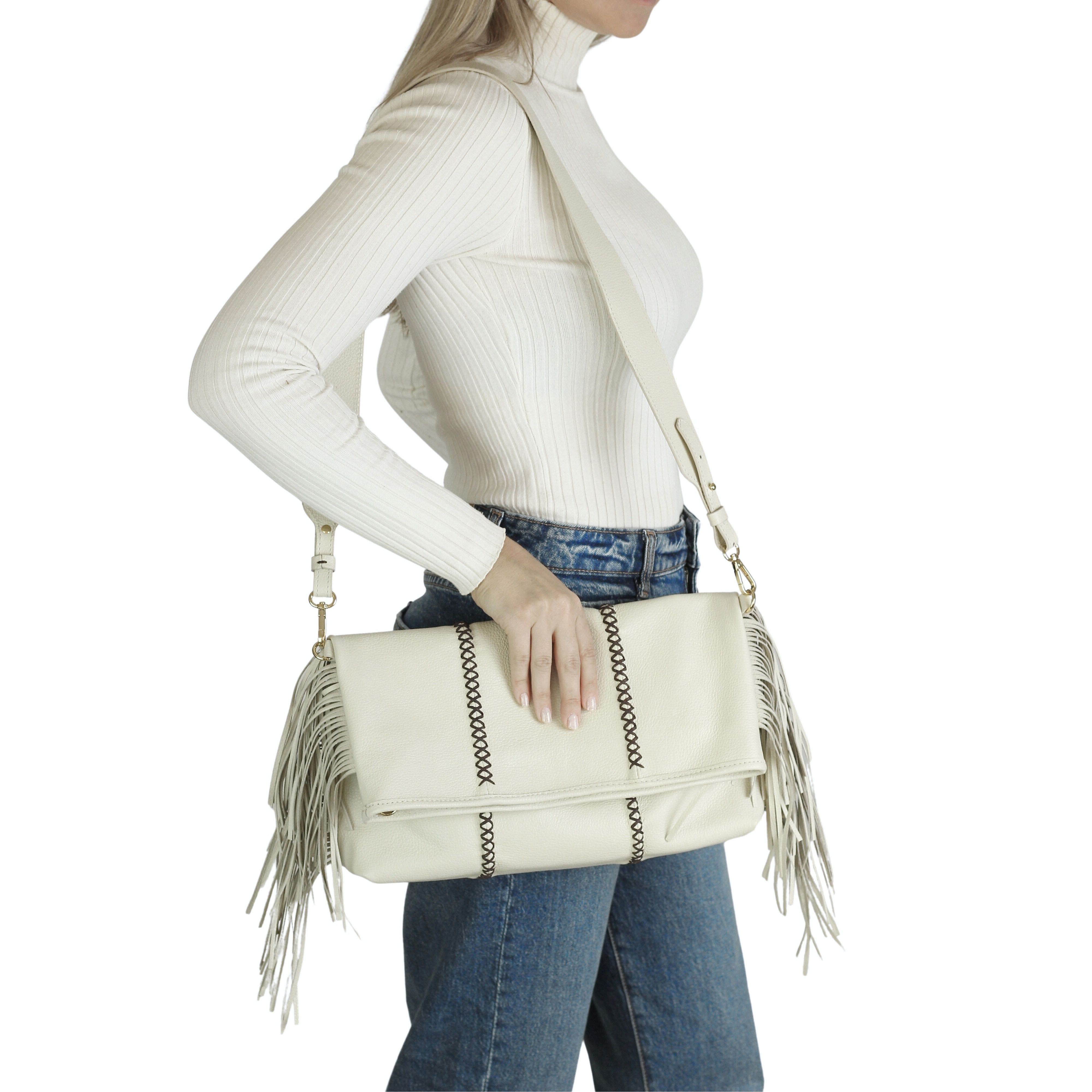 Large Fringe Leather Crossbody Messenger, Alternate, color, Winter White