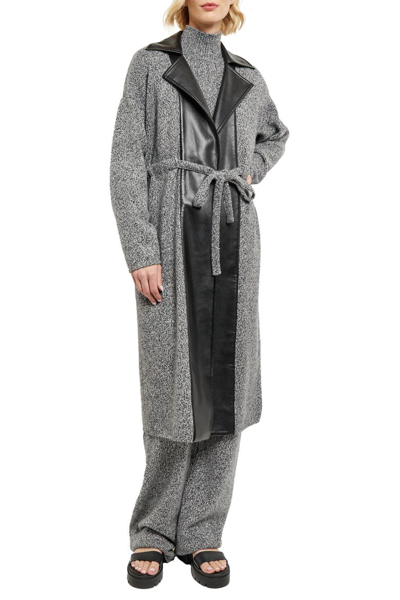 Tweed Mixed Media Belted Sweater Coat, Main, color, BLACK/NEW IVORY