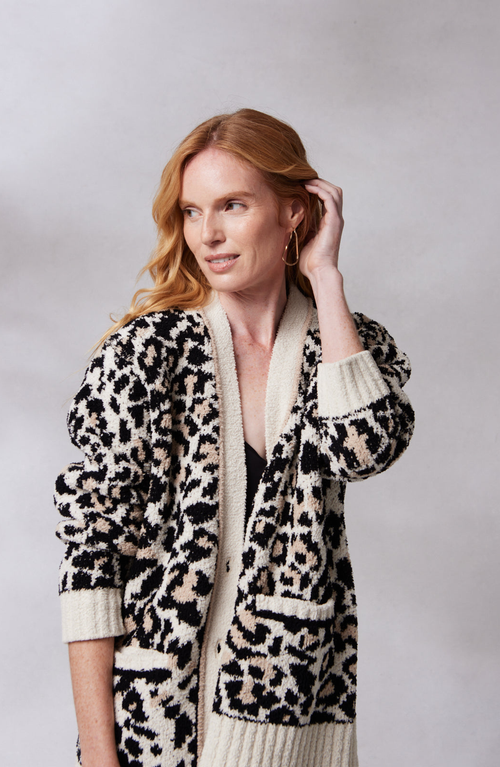 Kashwere Apparel Chenilla Classic Cardigan In Linen Wheat Black