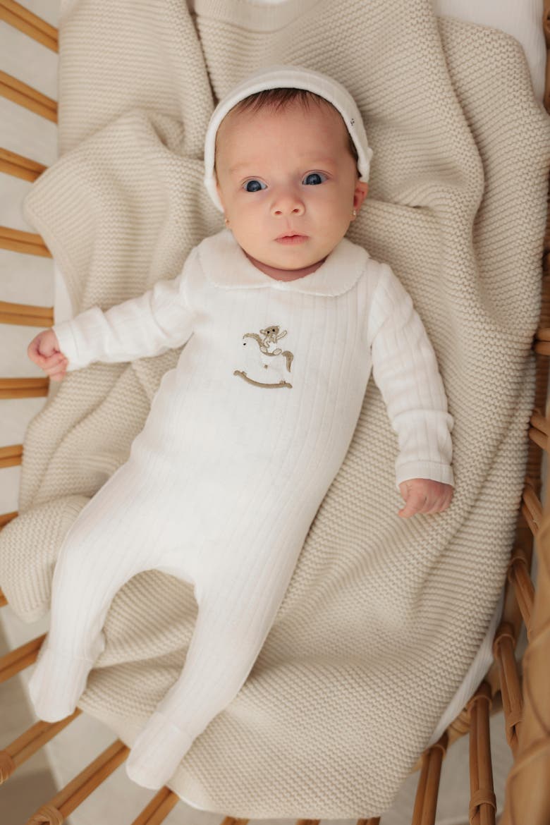 Horse Bear Pointelle Knit Long Sleeve Romper and Hat Set, Alternate, color, White