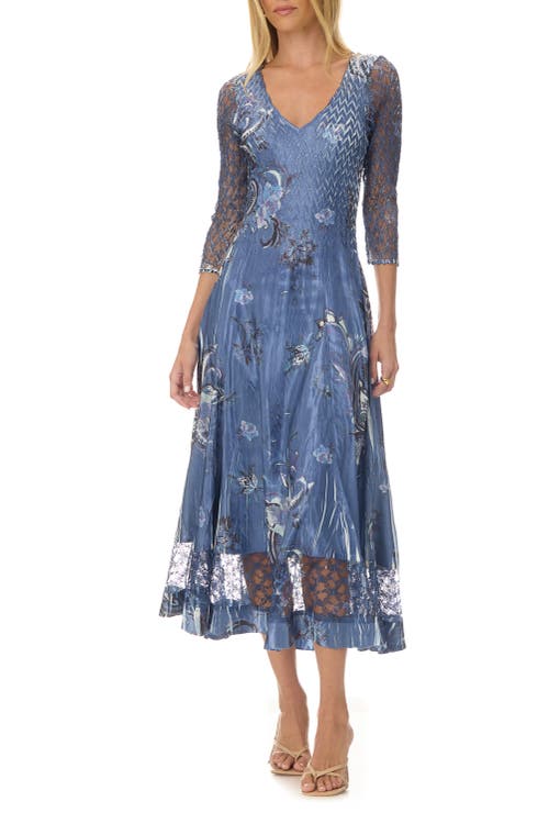 Komarov Paisley Charmuese Dress With Lace Sleeves In Blue