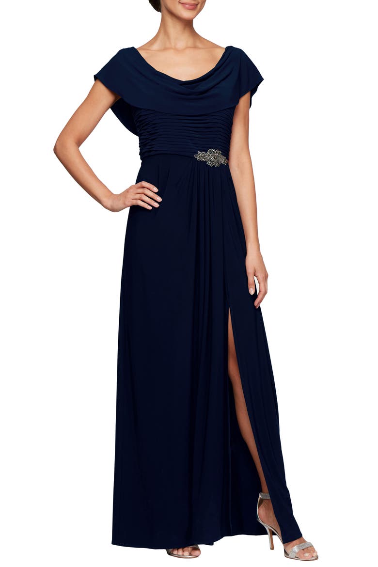 Cowl Neck Beaded Waist Gown, Main, color, NAVY