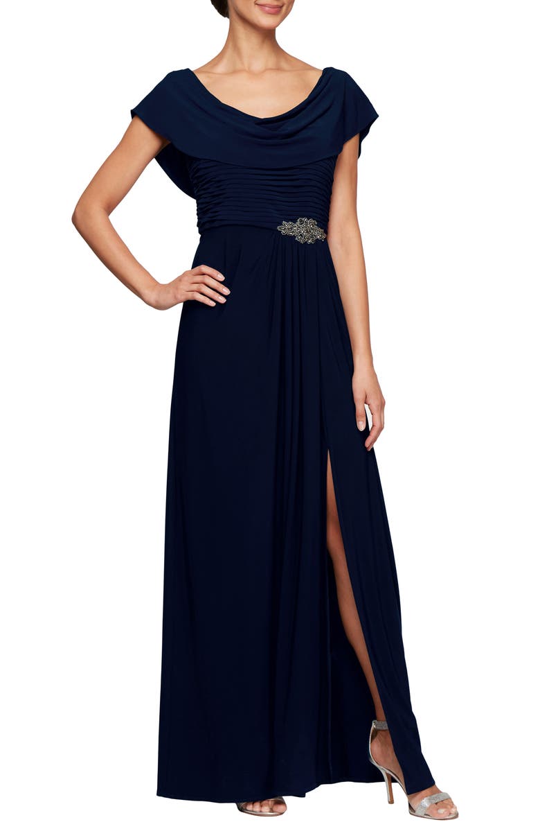 Alex Evenings Cowl Neck Beaded Waist Gown, Main, color, Navy
