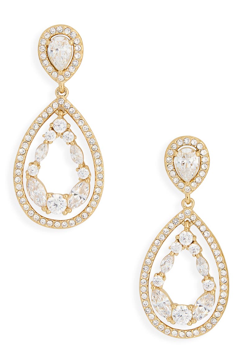 Cubic Zirconia Double Teardrop Drop Earrings, Main, color, GOLD