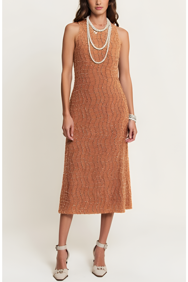 Hand-Embellished Sleeveless Midi Dress, Main, color, Brown / Tan