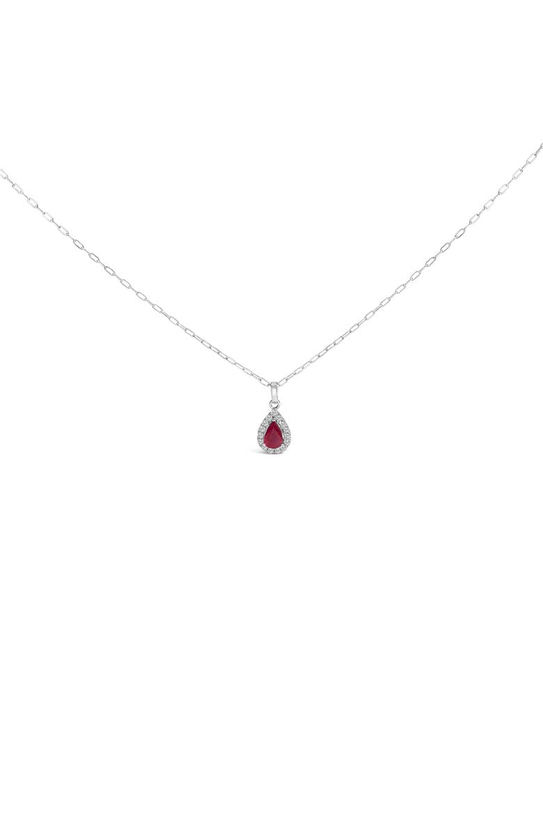 14K White Gold 6x4 Pear Red Ruby and Diamond Halo Pendant Necklace, Main, color, White