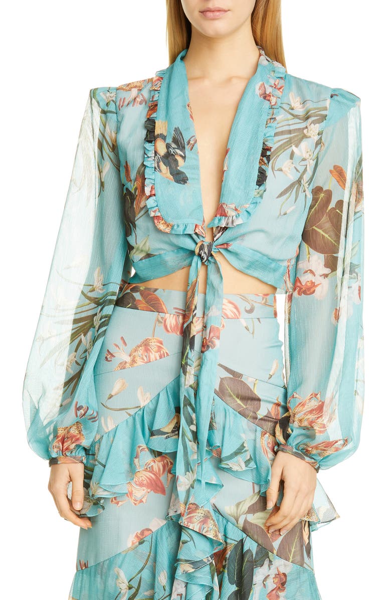 PatBO Patricia Bonaldi PatBO Carolina Tie Front Long Sleeve Crop Top, Main, color, 