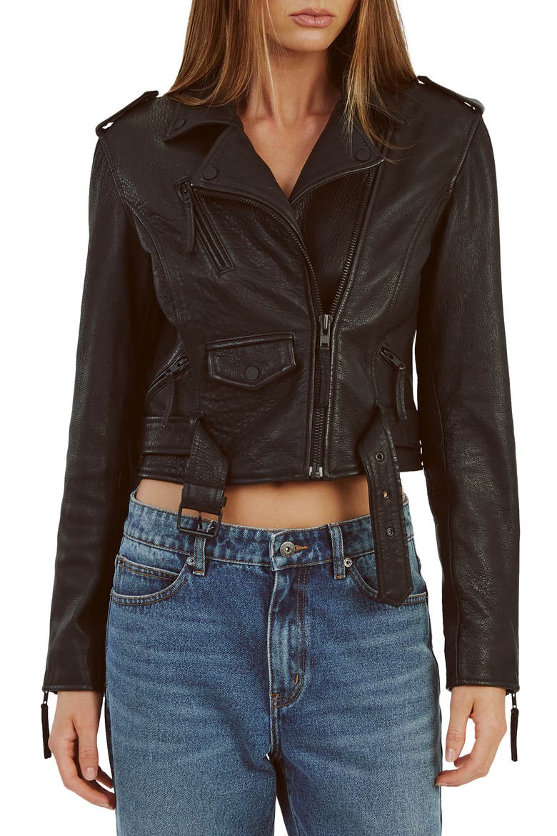 Crop Leather Moto Jacket, Main, color, BLACK