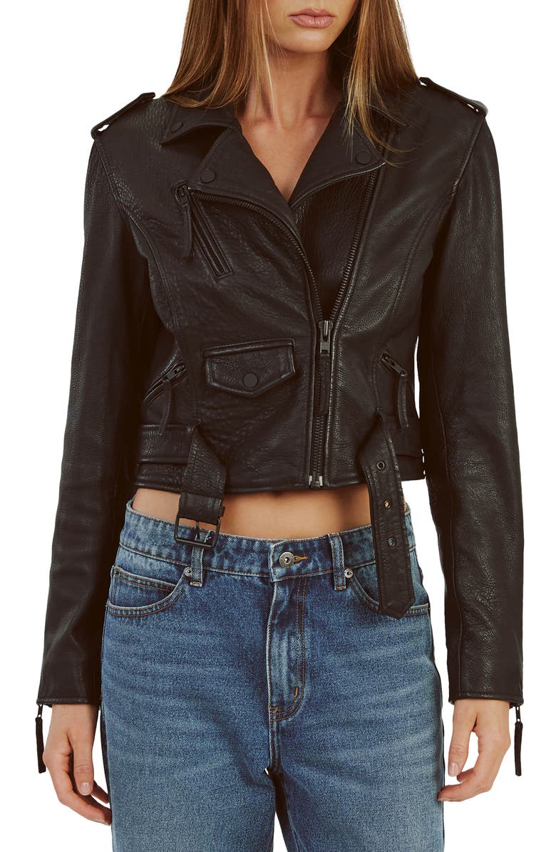 Bardot Crop Leather Moto Jacket, Main, color, Black