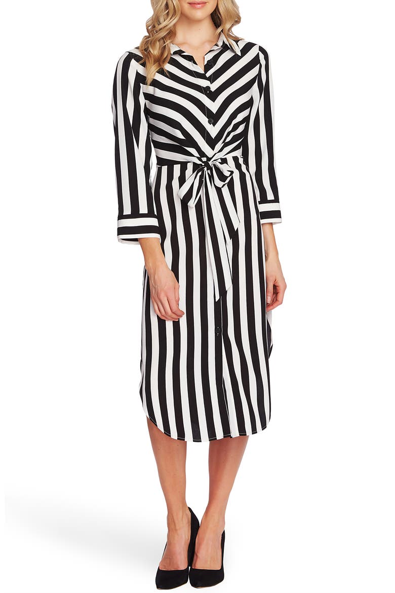 Bold Stripe Tie Front Bracelet Sleeve Shirtdress, Alternate, color, RICH BLACK