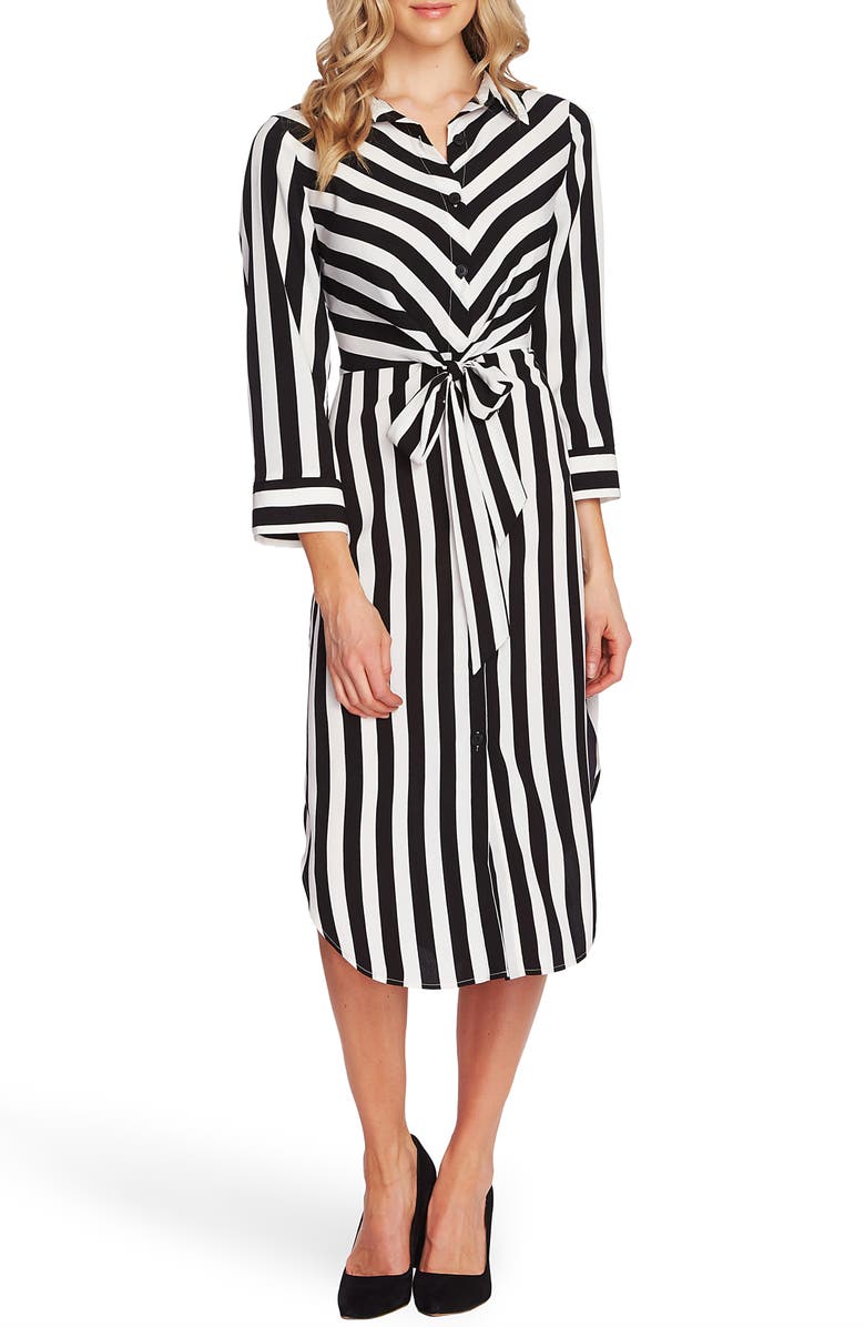 Vince Camuto Bold Stripe Tie Front Bracelet Sleeve Shirtdress, Alternate, color, 