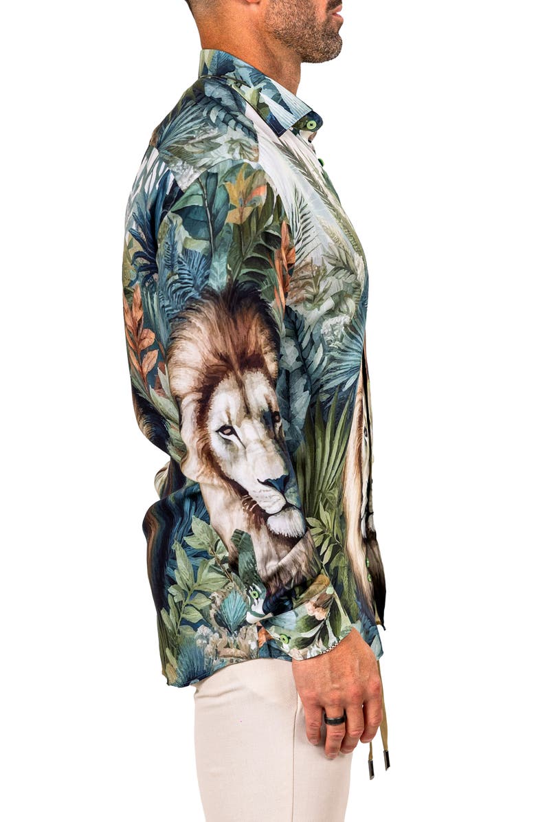 Maceoo Fibonacci Marthyr 0324 Lion Print Contemporary Fit Button-Up Shirt, Alternate, color, Green