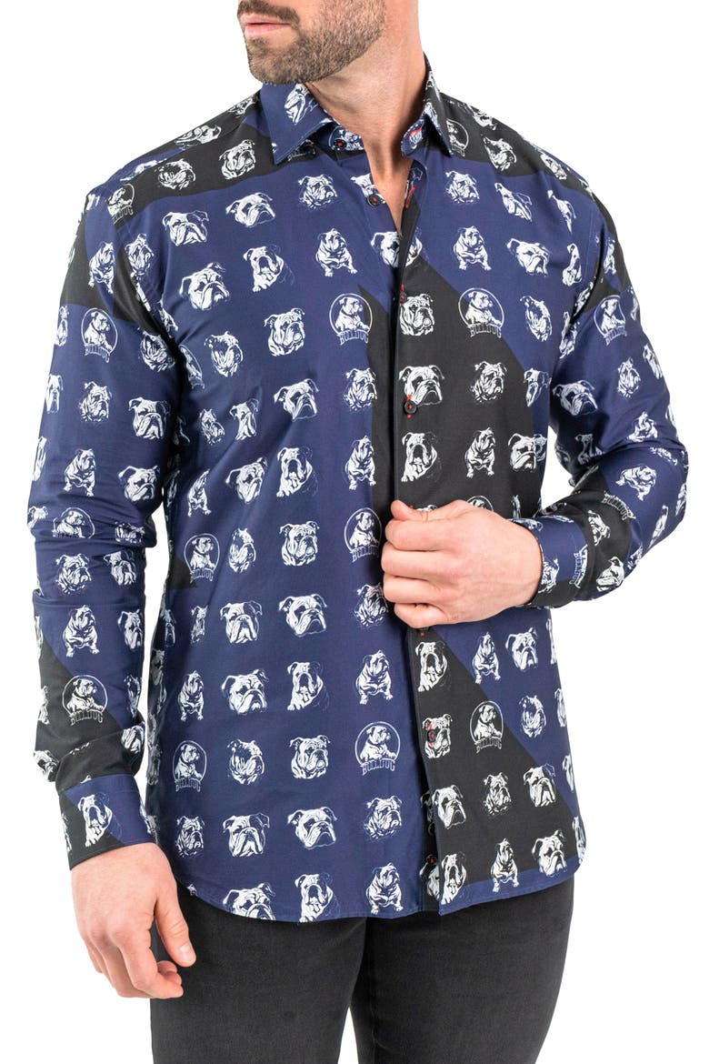 Fibonacci Bulldog Print Contemporary Fit Button-Up Shirt, Alternate, color, BLUE