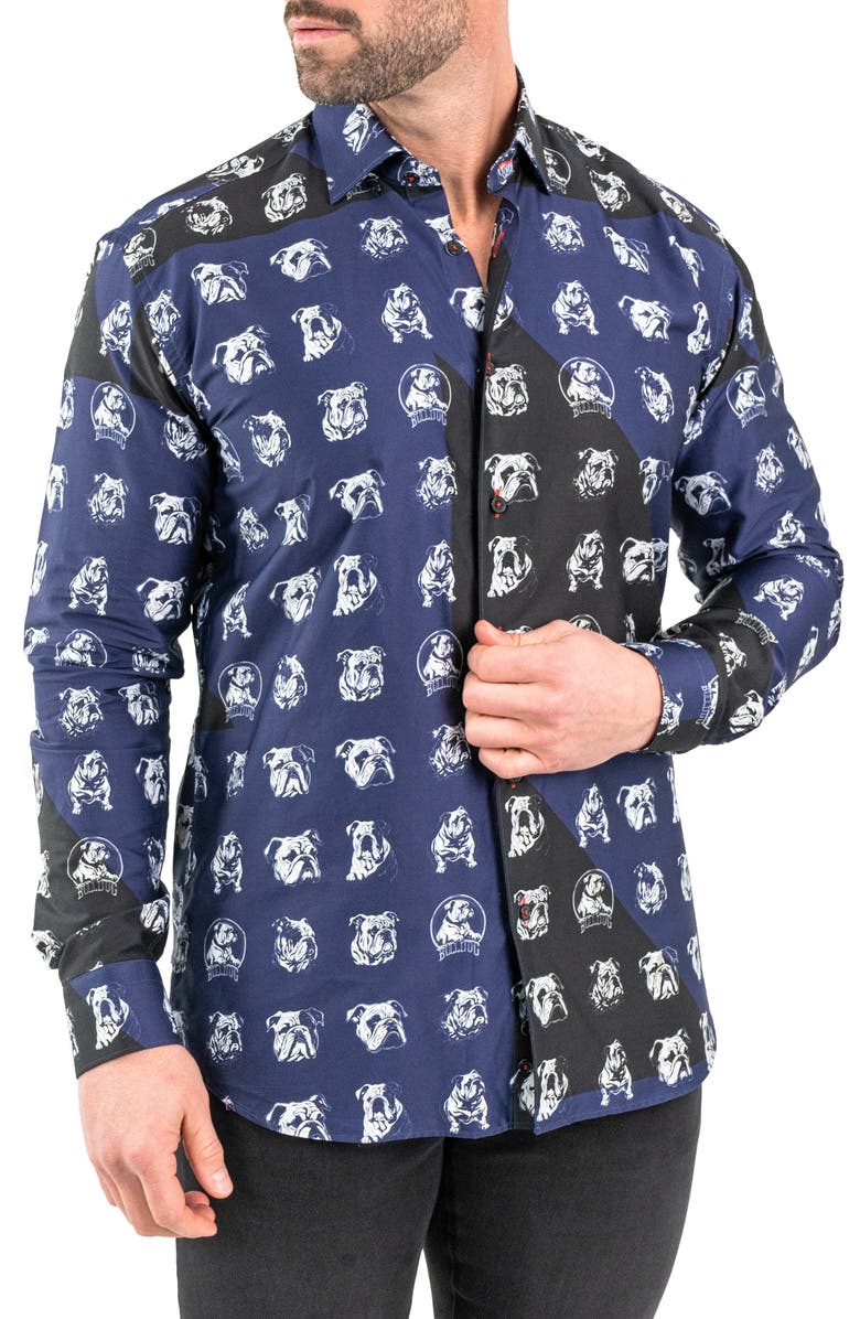 Maceoo Fibonacci Bulldog Print Contemporary Fit Button-Up Shirt, Alternate, color, Blue