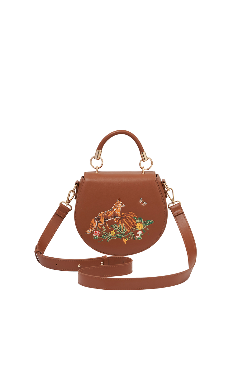 Fable England Fox & Pumpkin Embroidered Tan Saddle Bag, Alternate, color, Tan