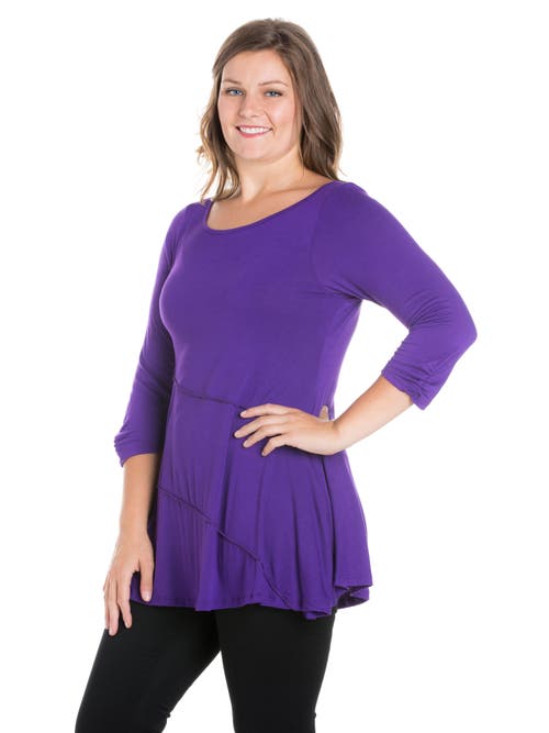 24seven Comfort Apparel Plus Size Ruched Sleeve Swing Tunic Top In Purple