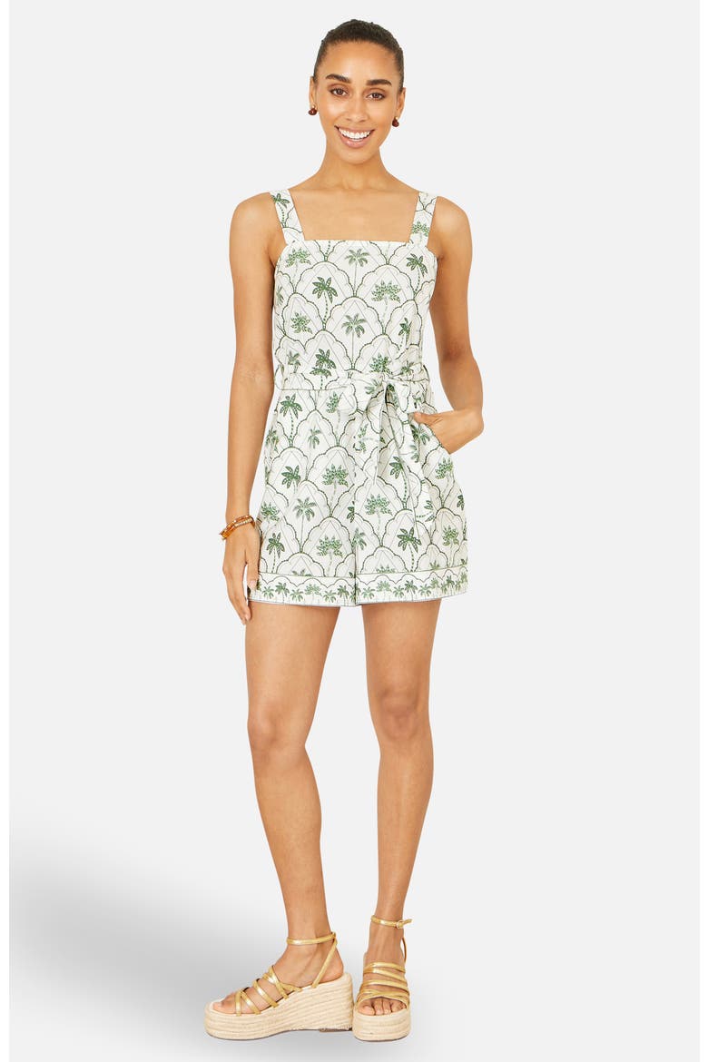 Palm Print Cotton Playsuit, Alternate, color, White