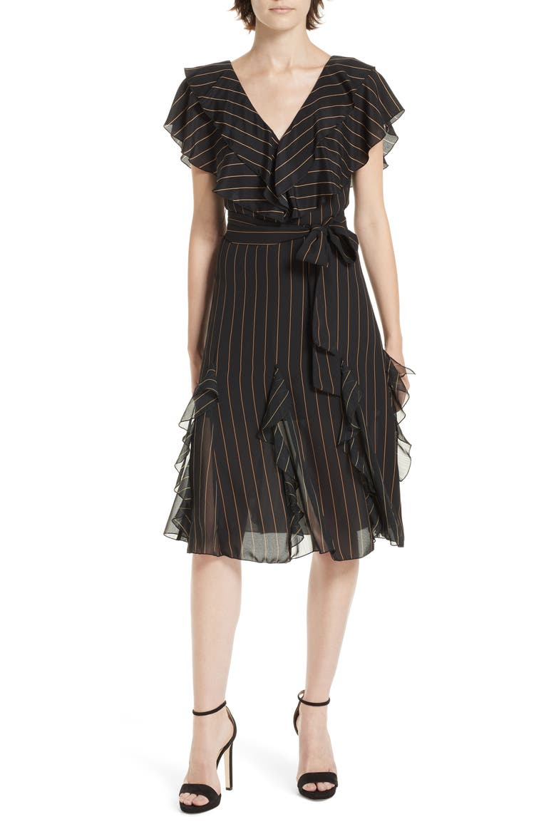Tessa Ruffle Godet Stripe Dress, Main, color, PINSTRIPE