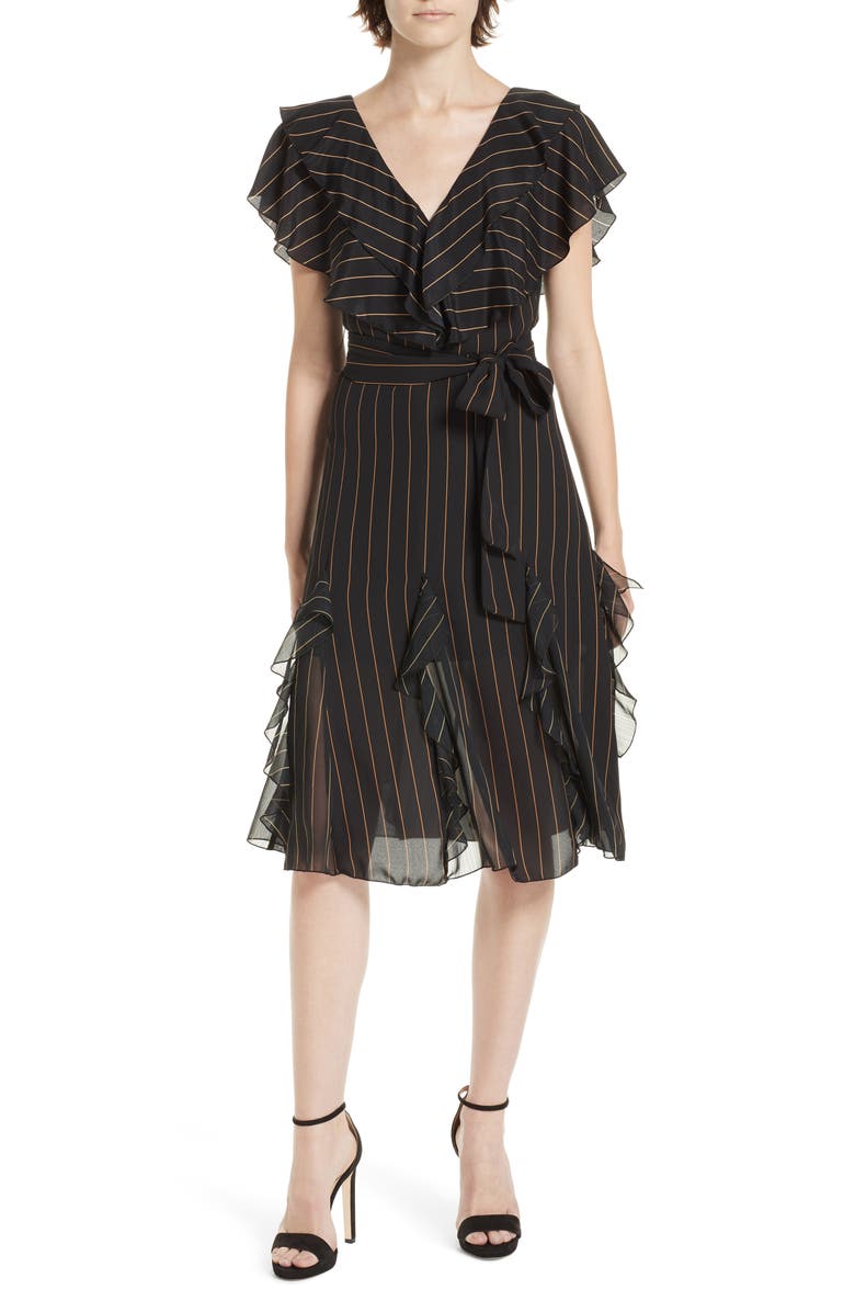 Alice + Olivia Tessa Ruffle Godet Stripe Dress, Main, color, 