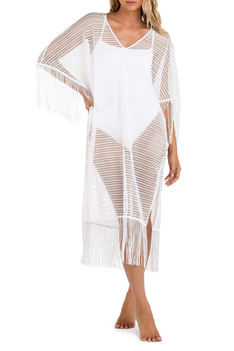 Fringe Open Stitch Caftan, Main, color, WHITE