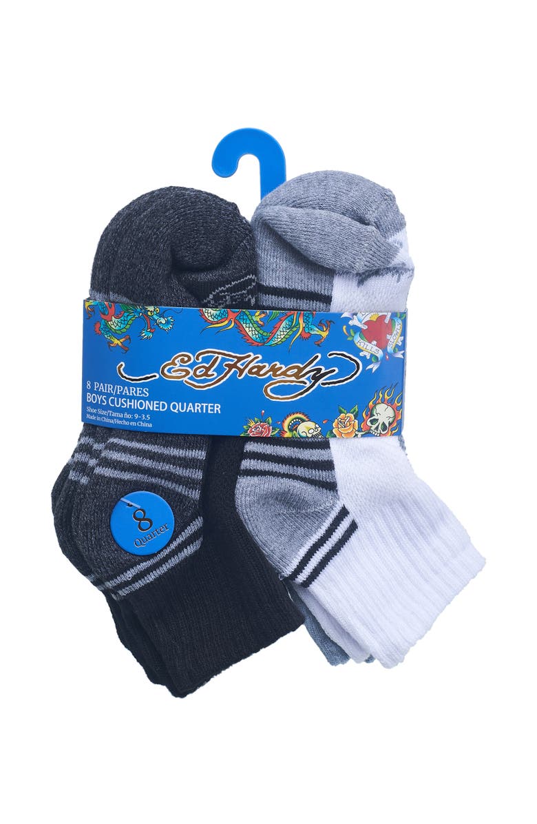 Ed Hardy Boys Athletic Half Cushion Quarter Sock 8-Pack, Alternate, color, Black White Grey