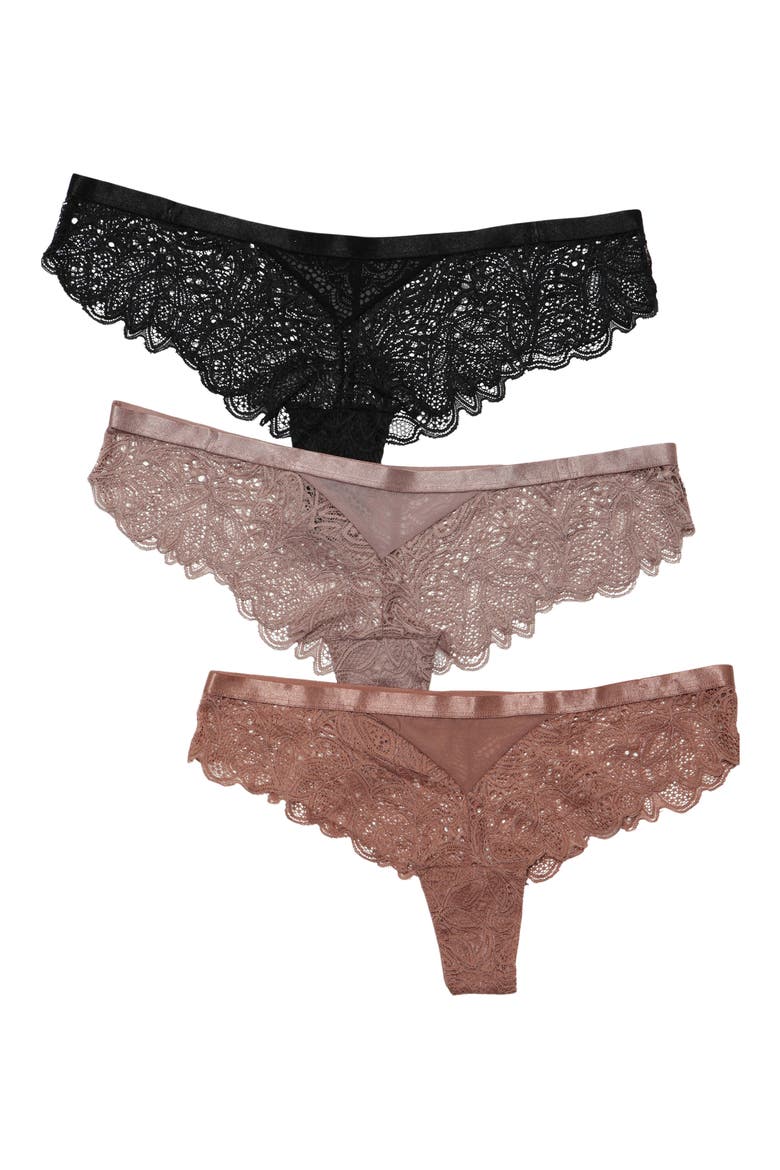 Wren 3-Pack Lace Cheeky Panties, Main, color, BLACK/ BRONZE/ BROWN