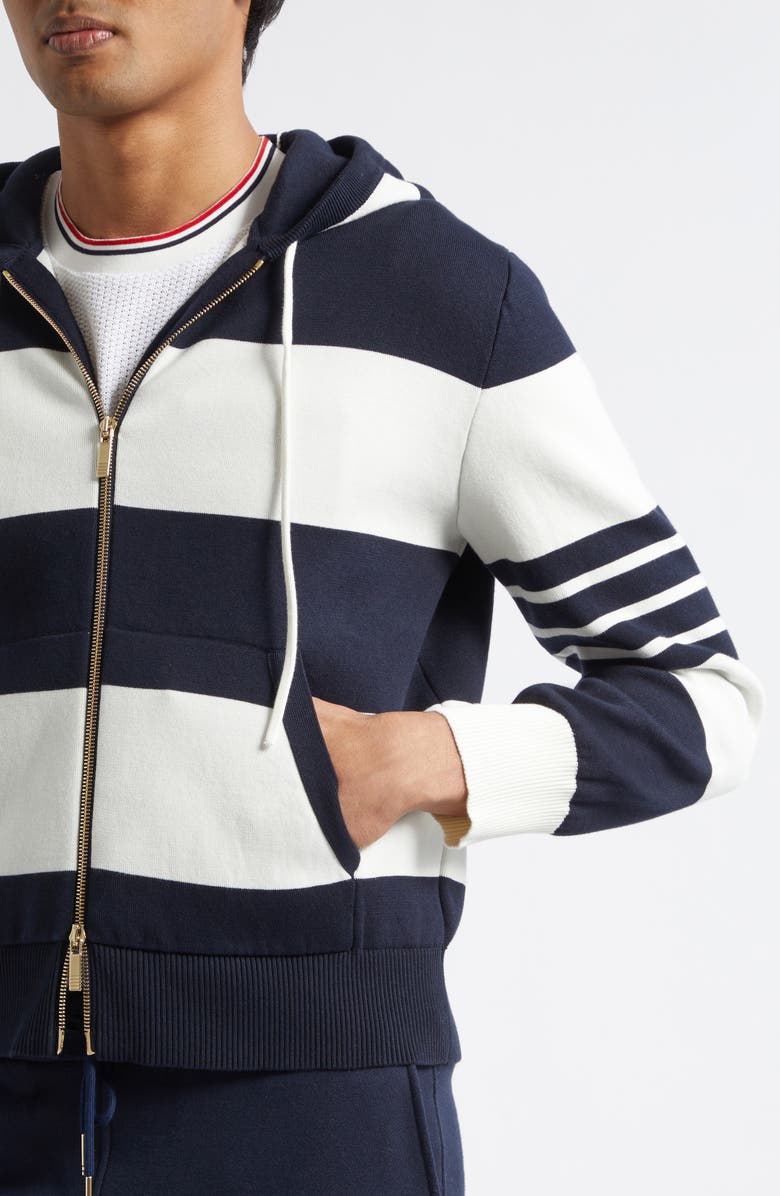 Thom Browne Hector Rugby Stripe Jacquard Zip Hoodie, Alternate, color, Navy