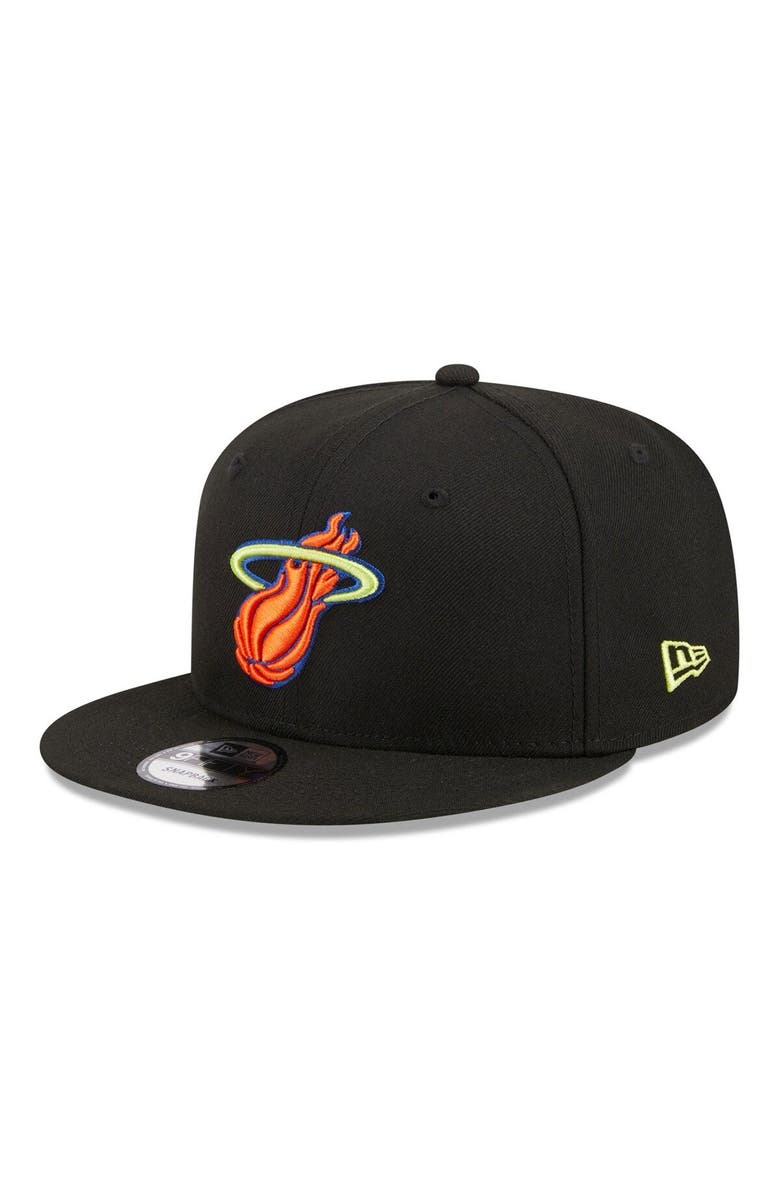 New Era Men's New Era Black Miami Heat Neon Pop 9FIFTY Snapback Hat, Alternate, color, 