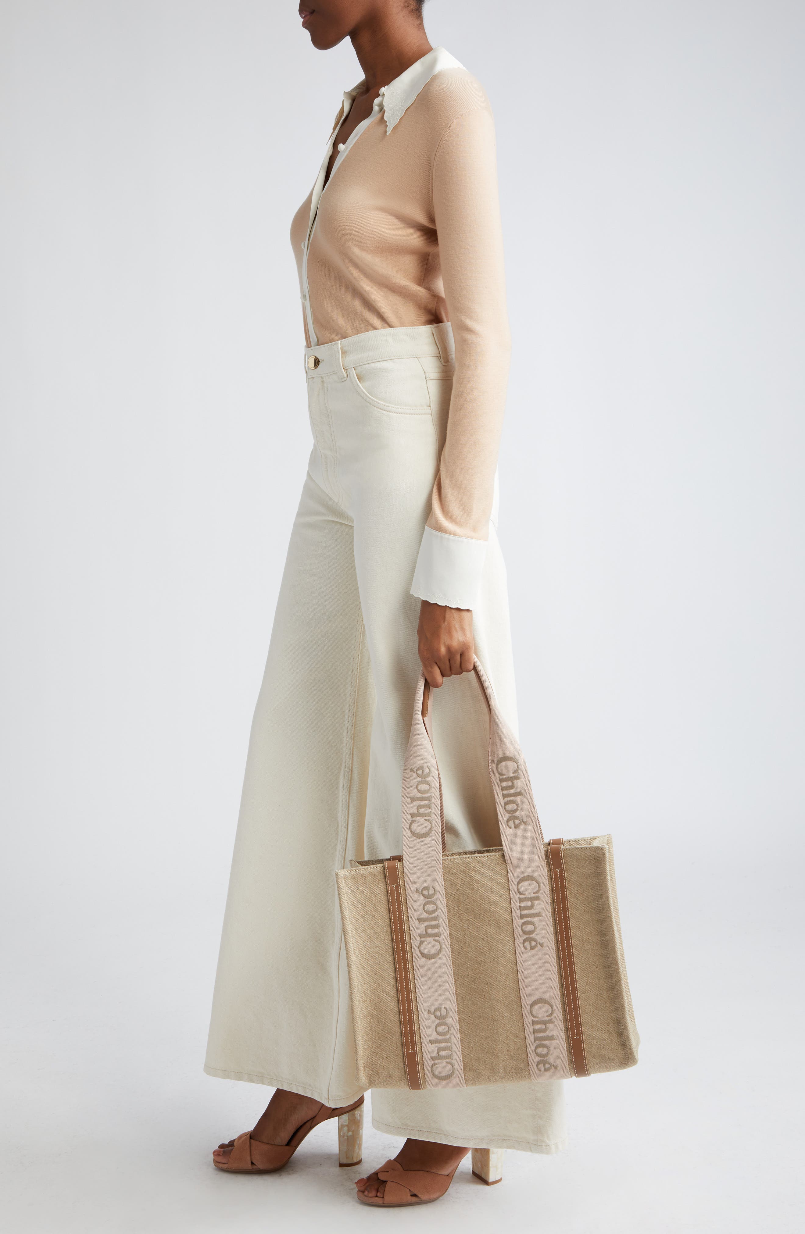 Chloé Medium Woody Linen Canvas Tote, Alternate, color, Blushy Beige