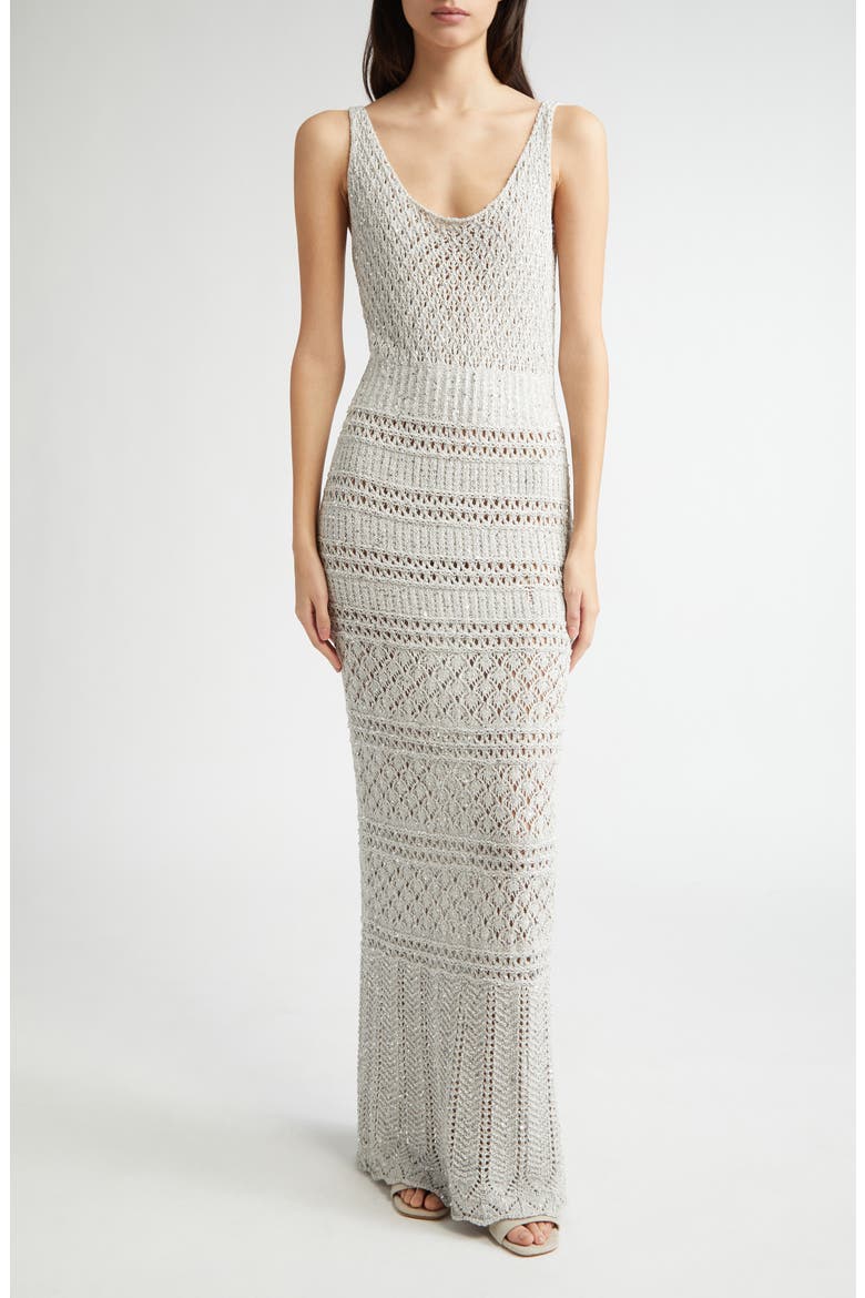 Sequin Sleeveless Crochet Sweater Dress, Main, color, PEARL GREY