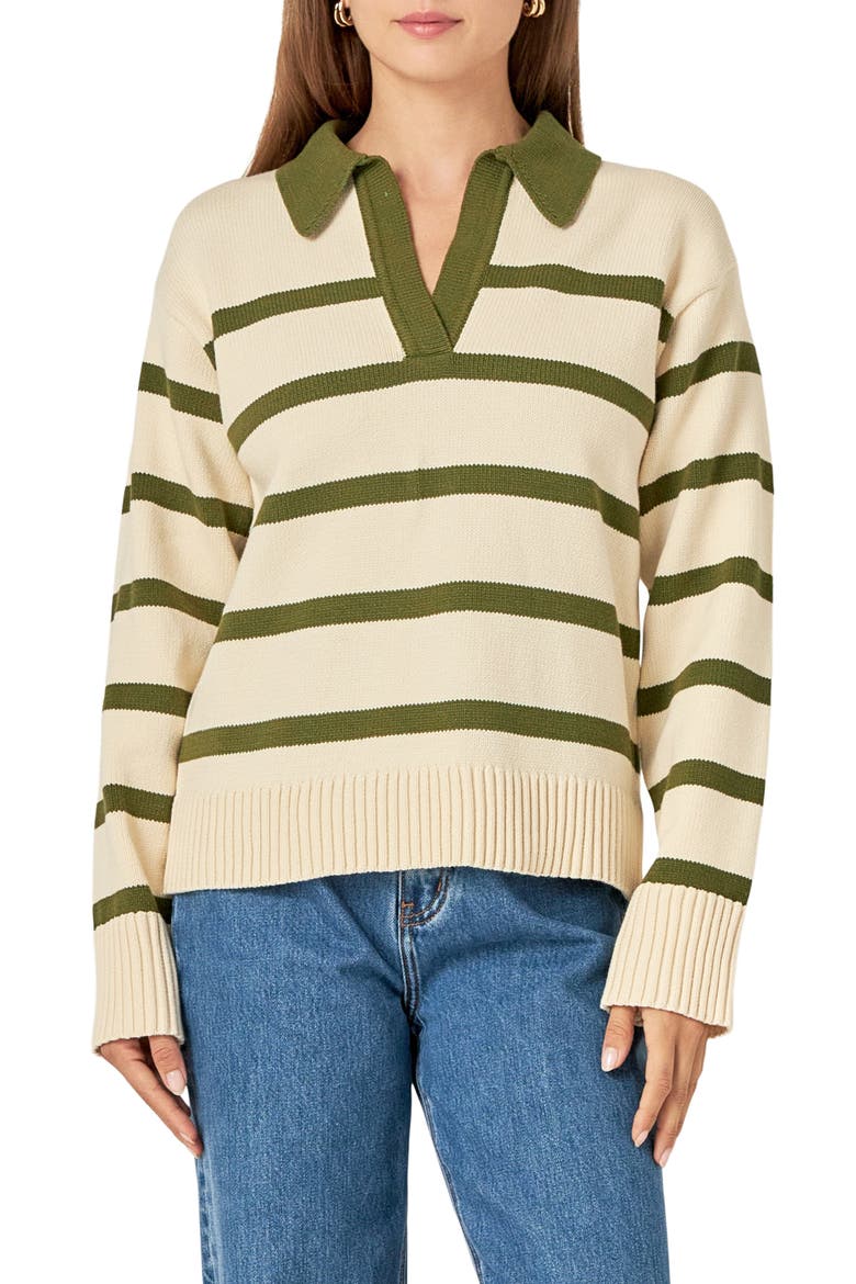 Stripe Collared Sweater, Alternate, color, CREAM/ OLIVE
