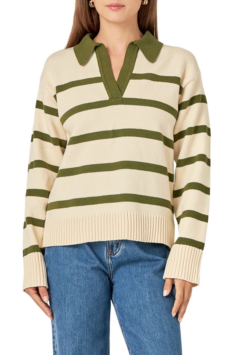 English Factory Stripe Collared Sweater, Alternate, color, Cream/ Olive