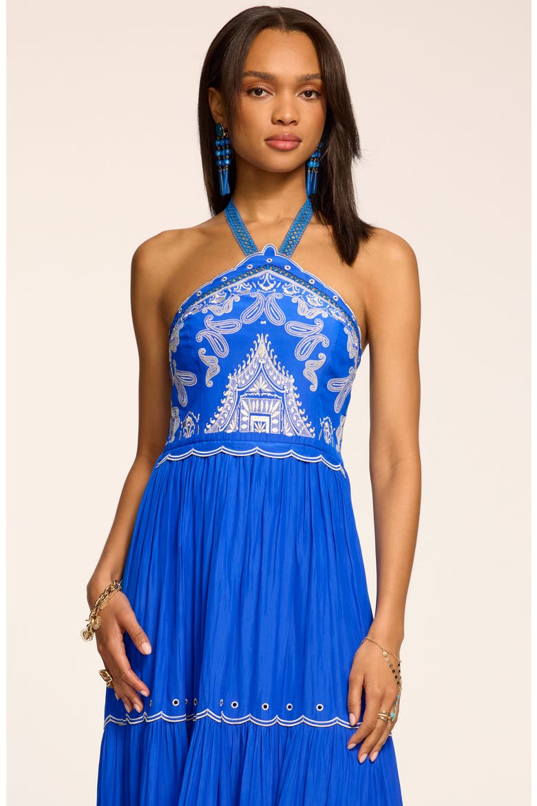 Kenna Embroidered Tiered Halter Maxi Dress, Alternate, color, CAPRI BLUE