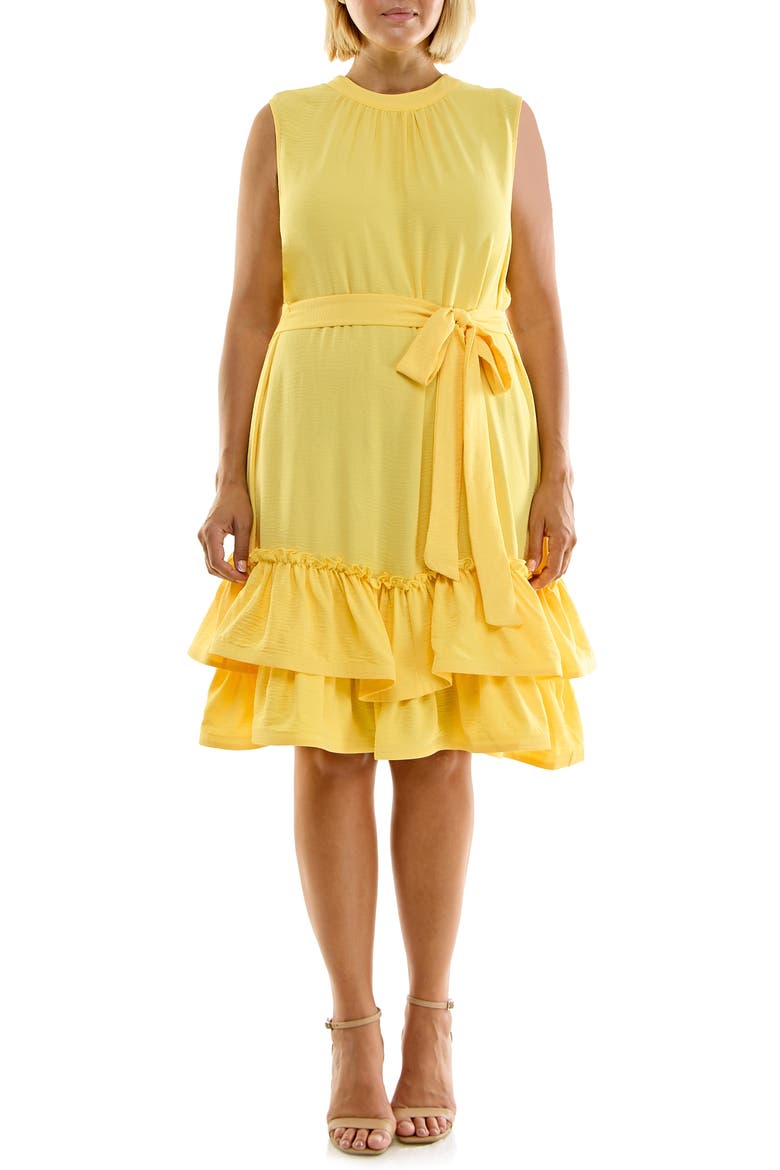 Tiered Flounce Self-Tie Sash Dress, Main, color, LEMON