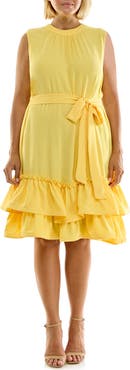 Nina Leonard Tiered Flounce Self-Tie Sash Dress