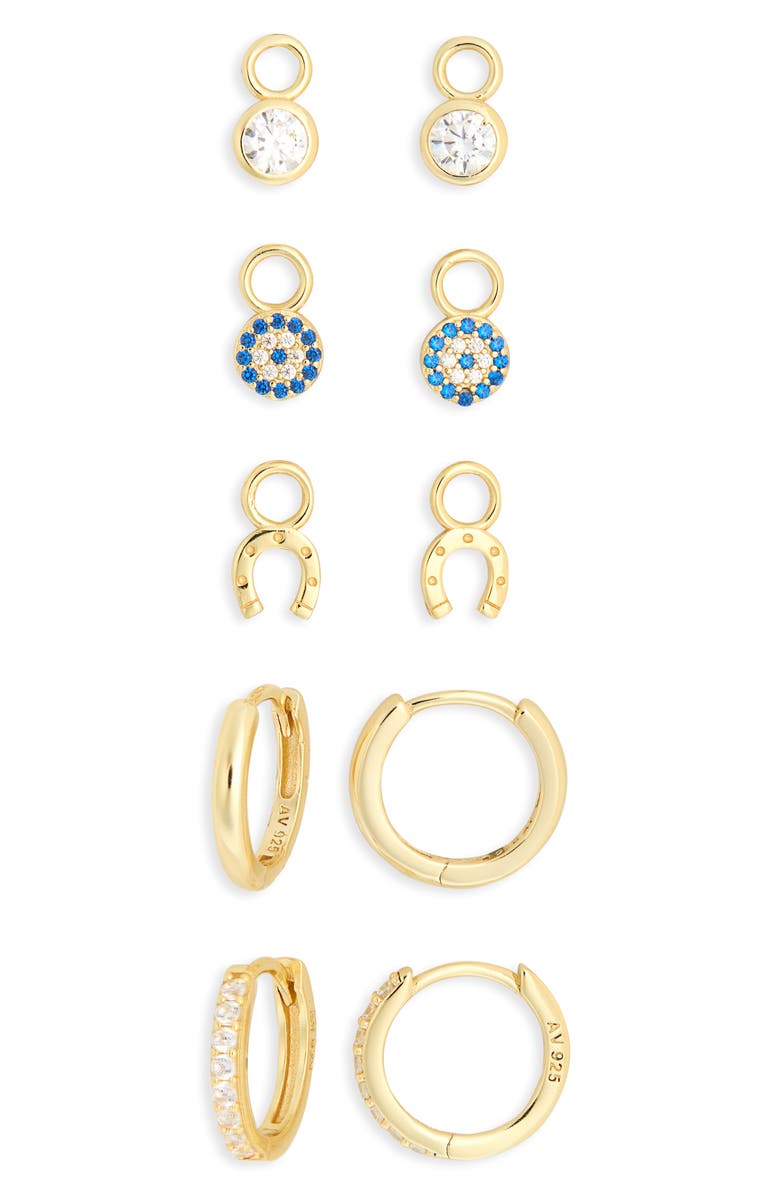 Argento Vivo Sterling Silver Mixed CZ Charms & 2-Pack Huggie Hoop Earrings, Alternate, color, Gold