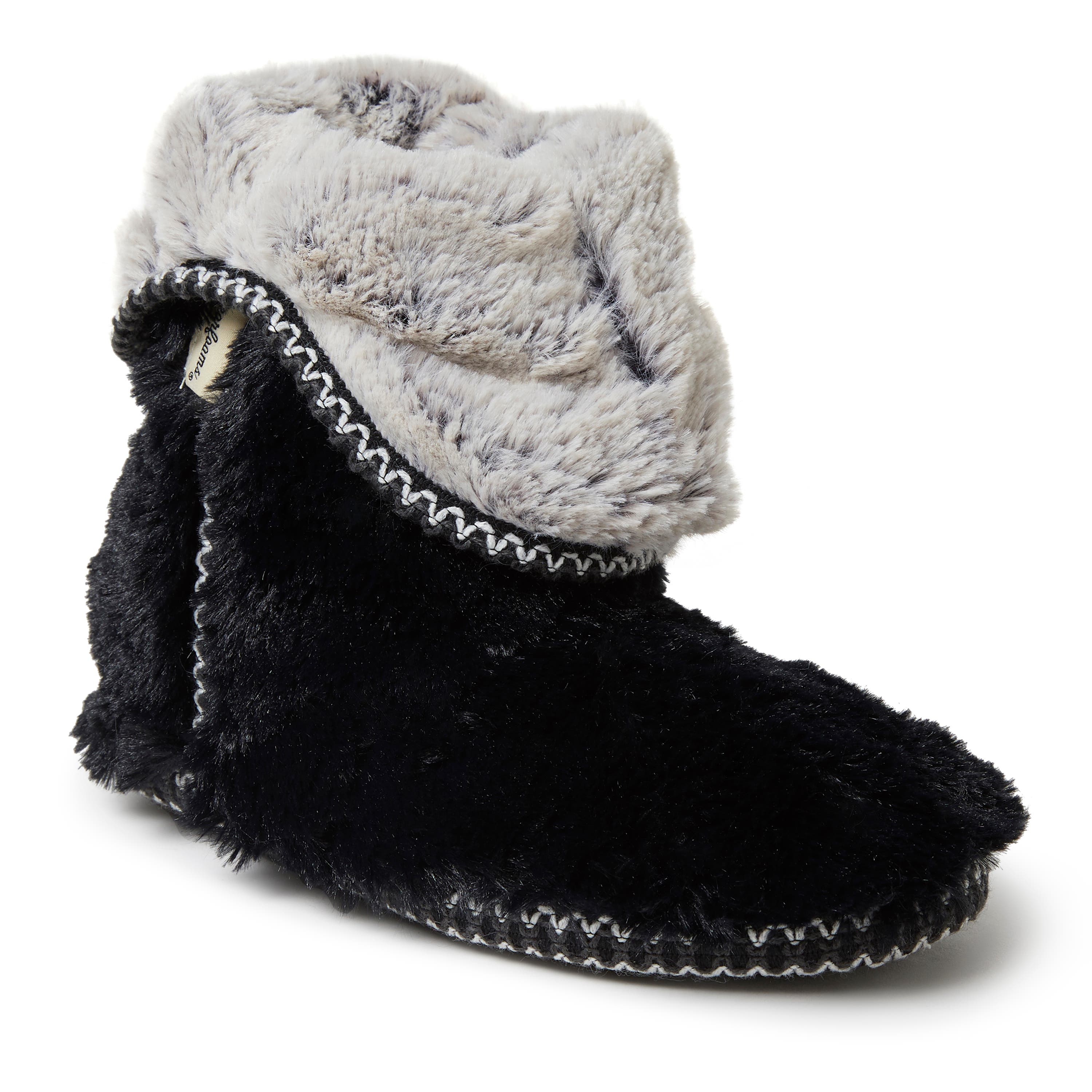 DEARFOAMS Beth Faux Fur Fold Down Fuzzy Bootie Slipper, Main, color, Black