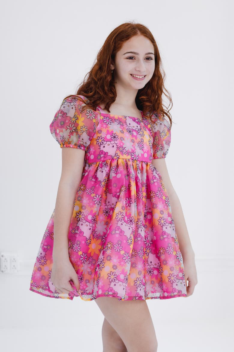 Organza Short Sleeve Dress, Alternate, color, Pink Hello Kitty