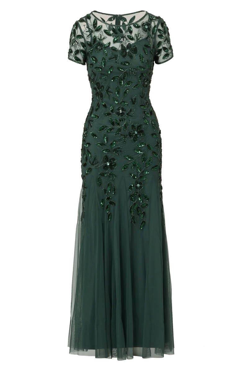 Adrianna Papell Floral Embroidered Beaded Trumpet Gown, Alternate, color, Dusty Emerald