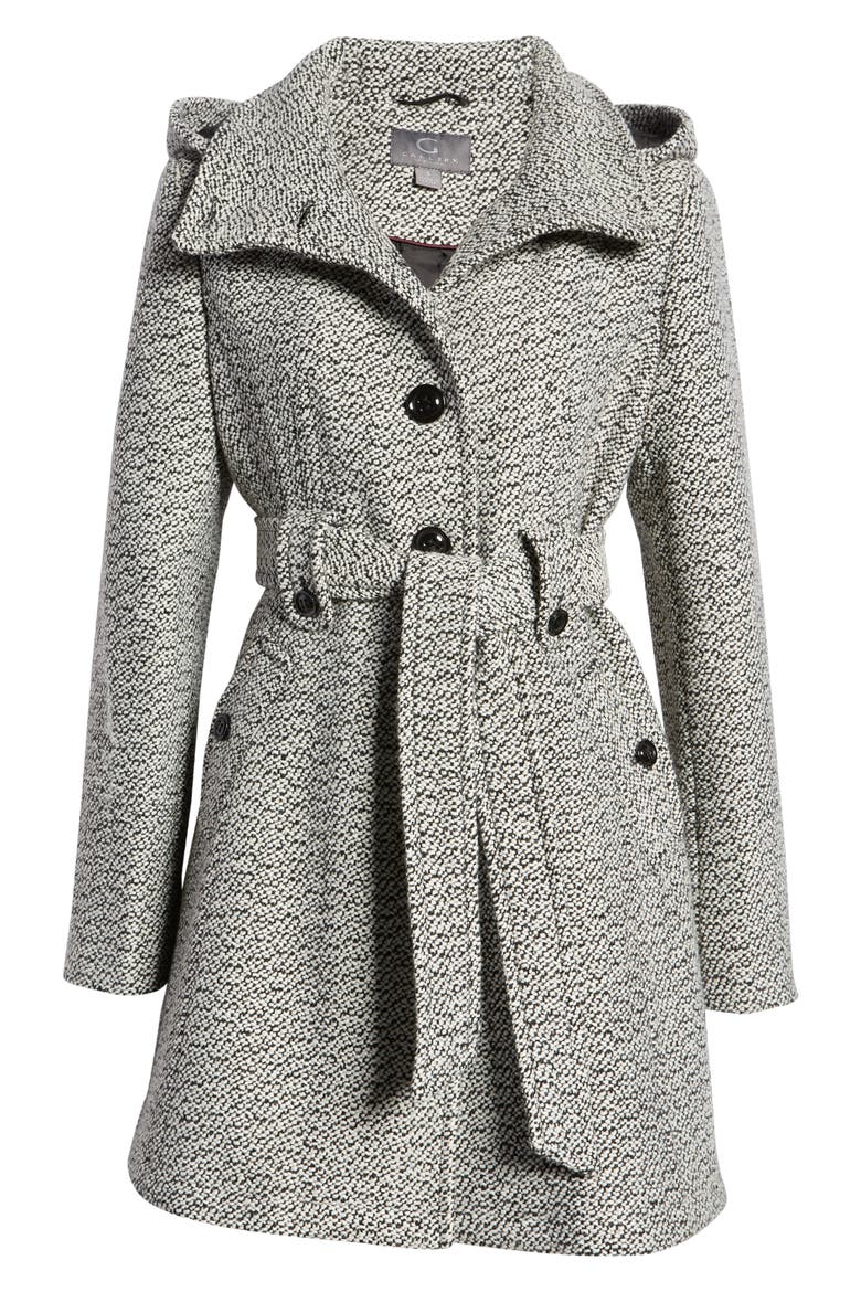 Belted Hooded A-Line Coat, Main, color, BLACKWHITE