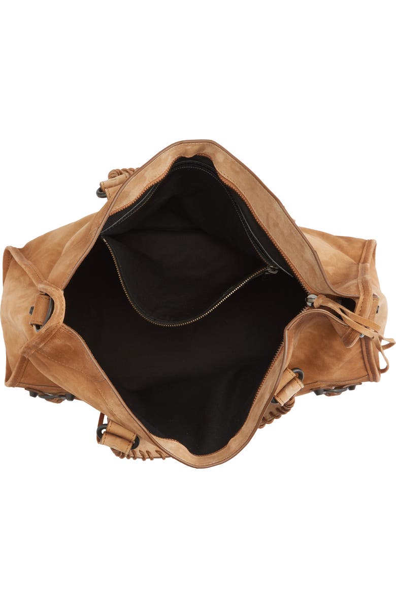 Balenciaga Medium Le City Suede Satchel, Alternate, color, Camel