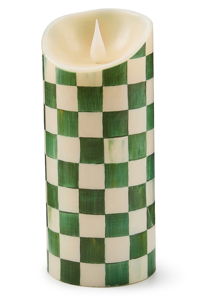 Emerald Check Flameless 7-Inch Pillar Candle, Main, color, EMERALD