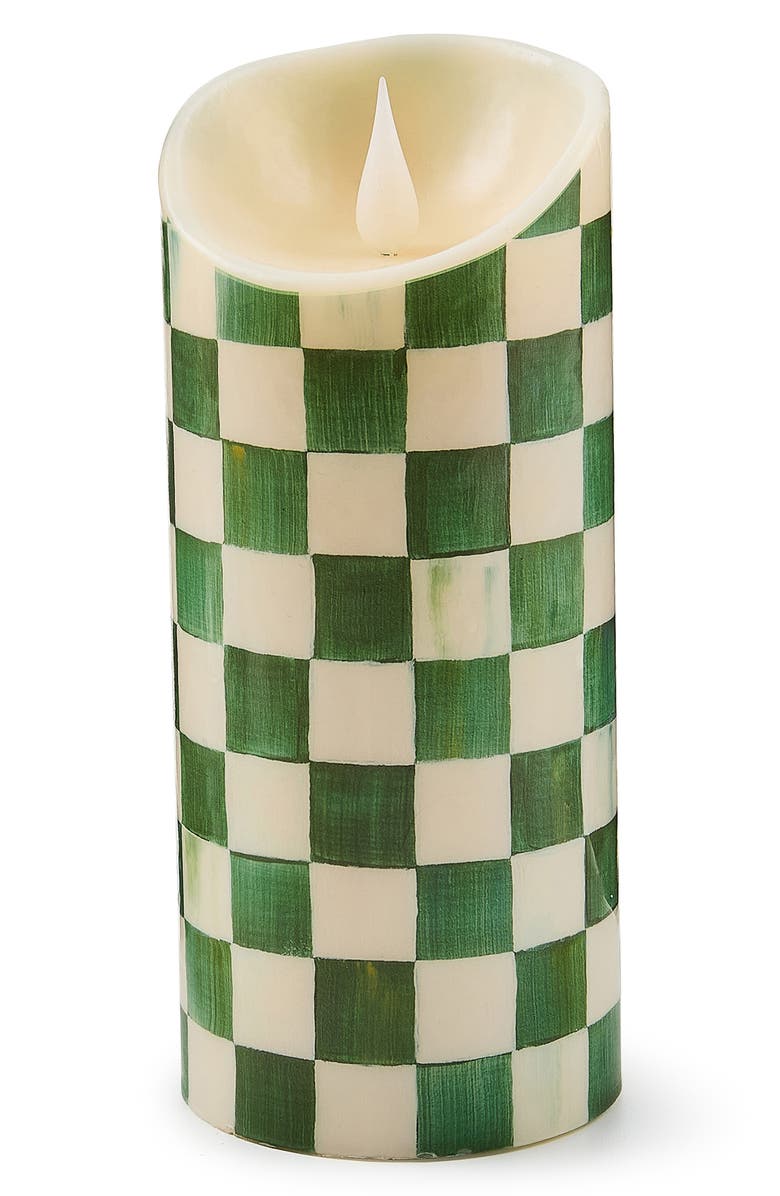 MACKENZIE CHILDS Emerald Check Flameless 7-Inch Pillar Candle, Main, color, Emerald