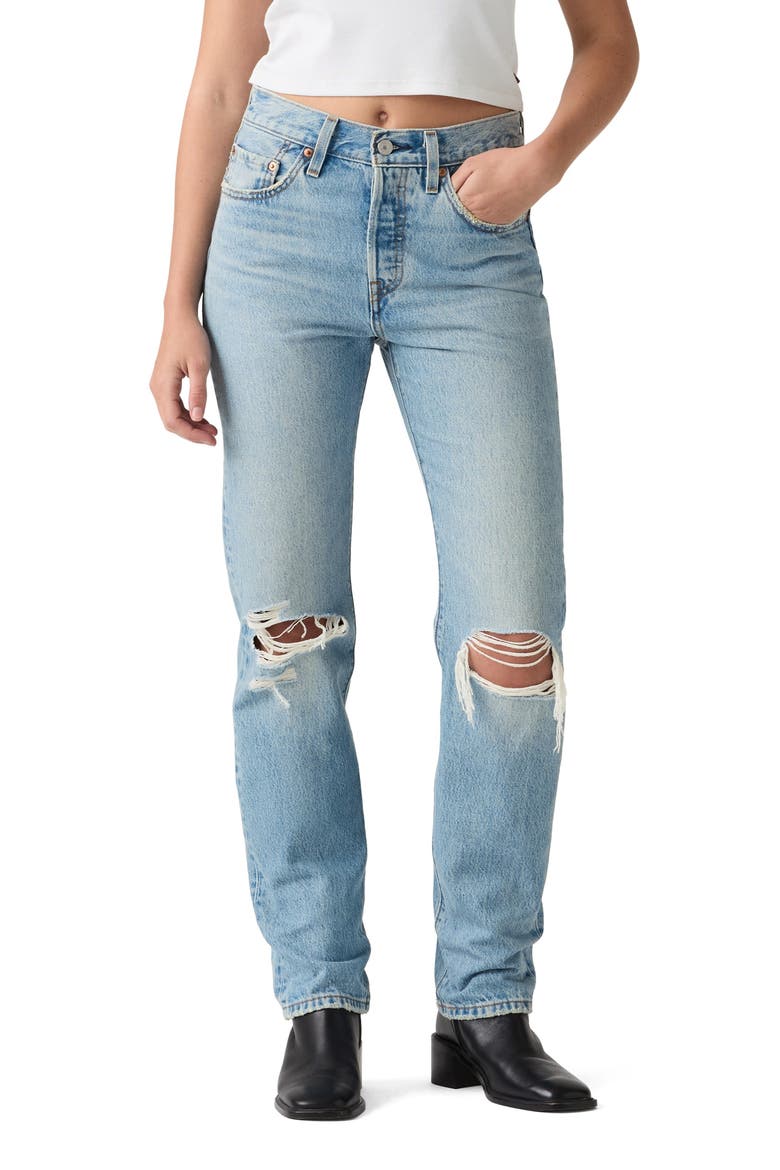 501 Distressed Straight Leg Jeans, Main, color, NEVER DOWN