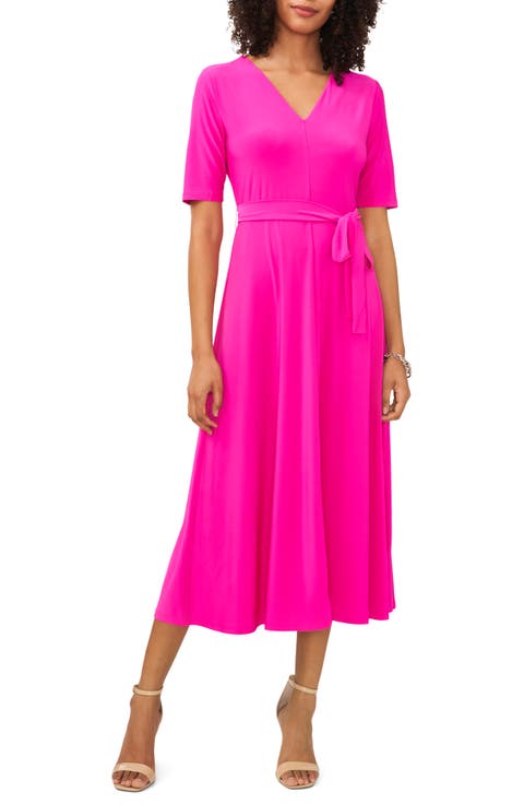 V-Neck Belted Midi Dress