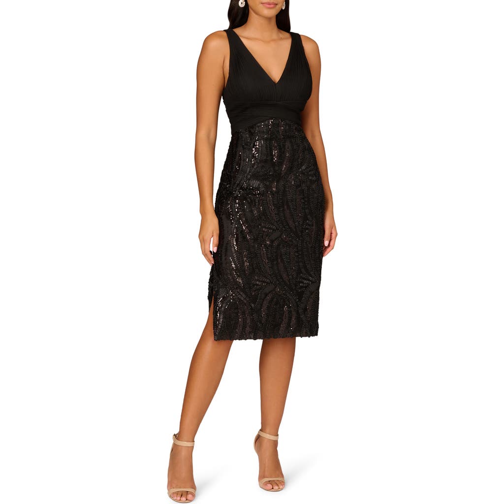 Aidan Mattox by Adrianna Papell Sequin Mixed Media Sheath Midi Dress in Black