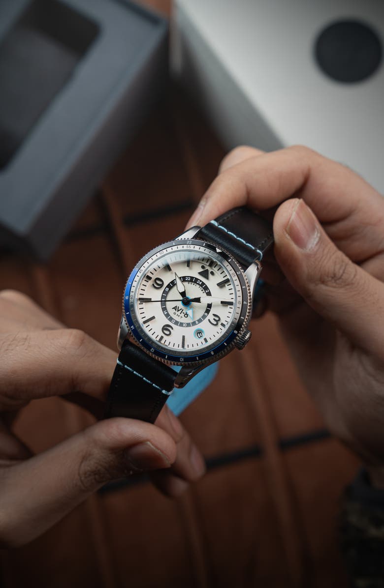 AVI-8 Flyboy Airmaster GMT Leather Strap Watch, 40mm, Alternate, color, White