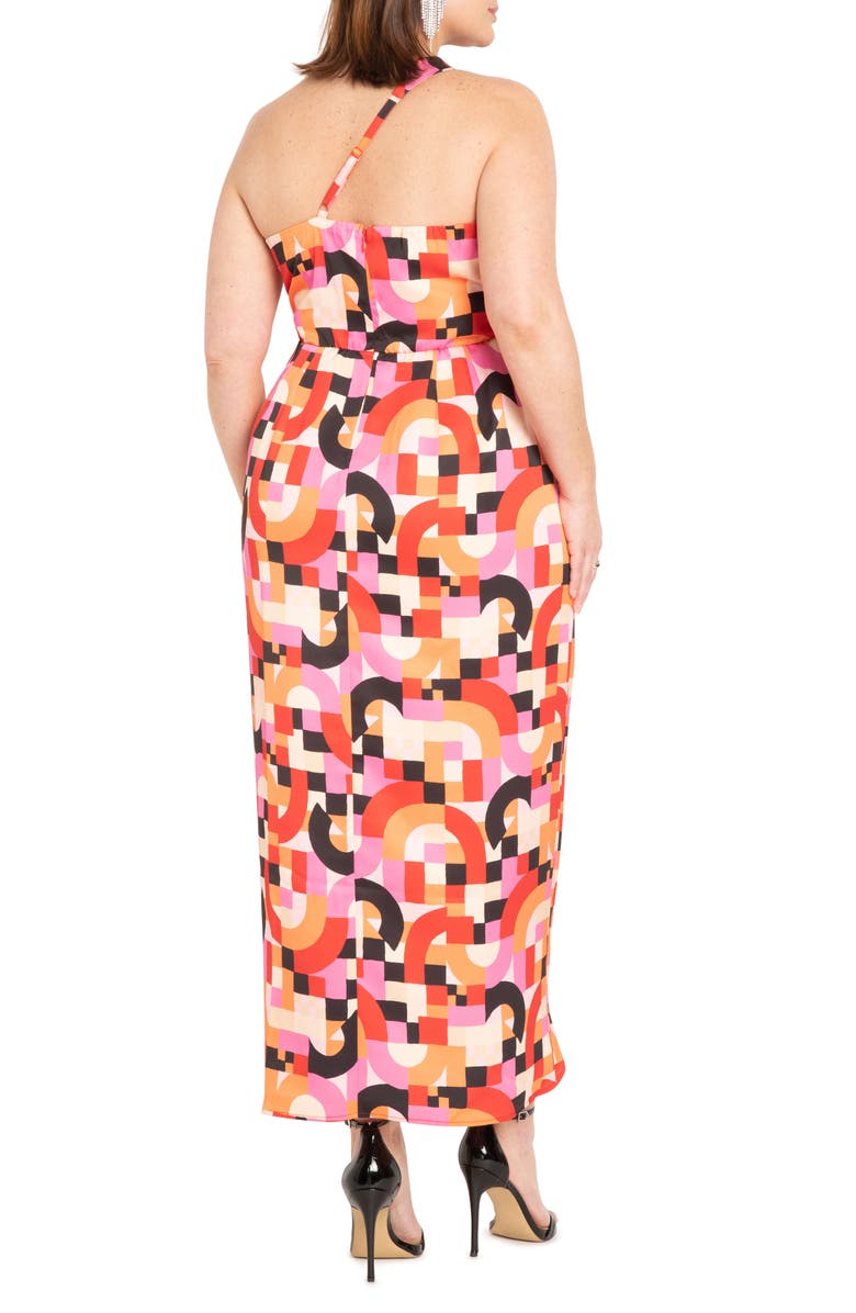 ELOQUII Geo Print One-Shoulder Knotted Wrap Dress, Alternate, color, 