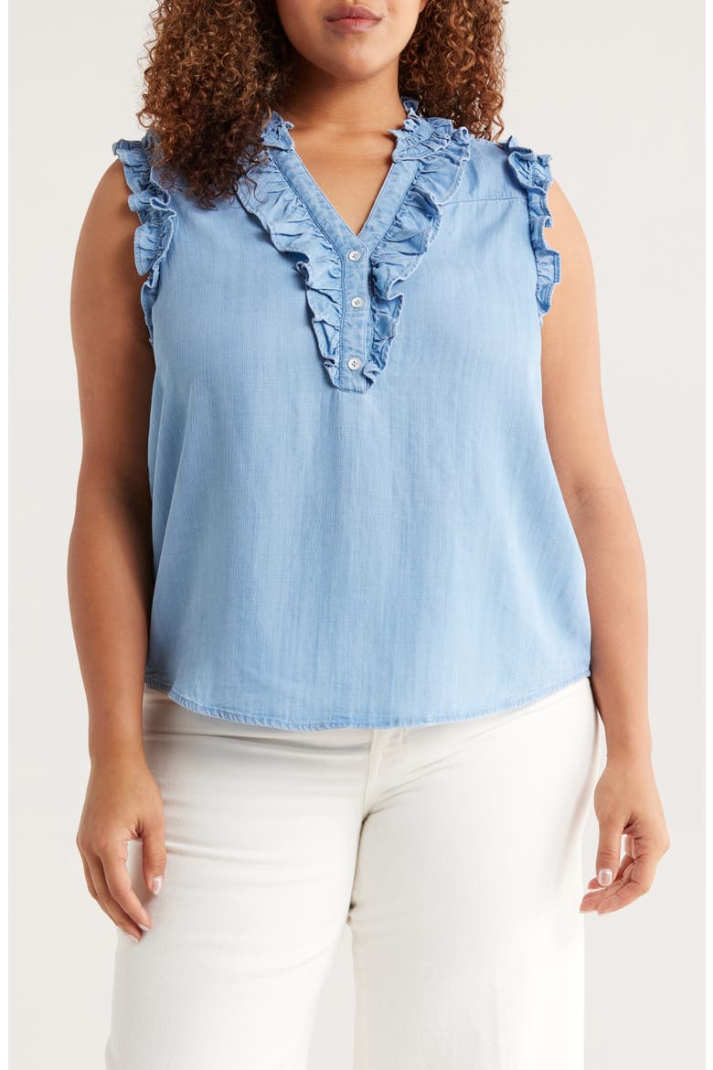 Ruffle Trim Sleeveless Chambray Top, Main, color, LIGHT BLUE